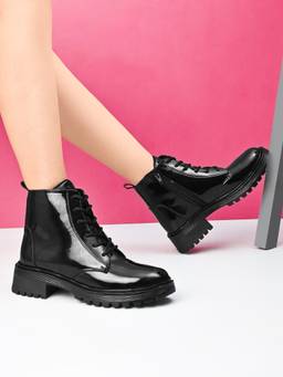 XE Looks - Black Glossy Lace-Up Side Zip Chunky Sole Ankle Boots