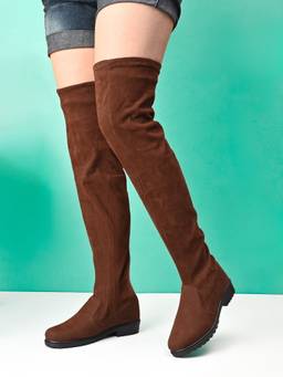 XE Looks - Brown Stretch-Fit Over-The-Knee Low Block Heel Boots