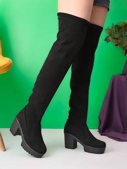 XE Looks - Black Stretch-Fit Over-The-Knee Platform Block Heel Boots