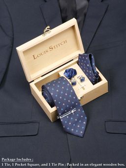 Louis Stitch - Men Floral Blue Silk Necktie Accessory Gift Set