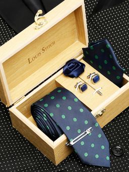 Louis Stitch - Men Dotted Blue Silk Necktie Accessory Gift Set