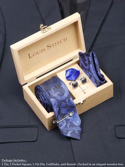 Louis Stitch - Men Royal Blue Silk Necktie Accessory Gift Set