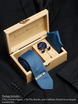 Louis Stitch - Men Square Blue Silk Necktie Accessory Gift Set