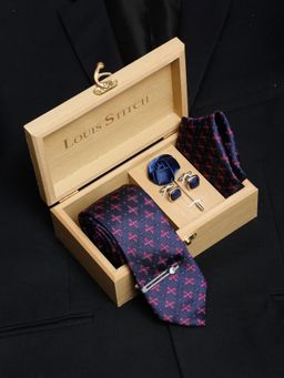 Louis Stitch - Men Indigo Blue Silk Necktie Accessory Gift Set