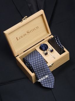 Louis Stitch - Men Aegean Blue Silk Necktie Accessory Gift Set