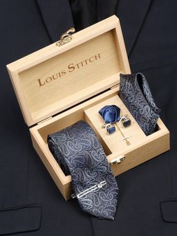 Louis Stitch - Men Spruce Blue Silk Necktie Accessory Gift Set