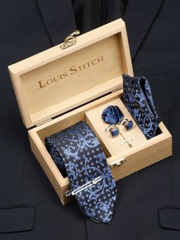 Louis Stitch - Men Prussian Blue Silk Necktie Accessory Gift Set