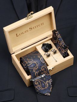 Louis Stitch - Men Sapphire Blue Silk Necktie Accessory Gift Set