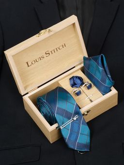 Louis Stitch - Men Checkered Blue Silk Necktie Accessory Gift Set