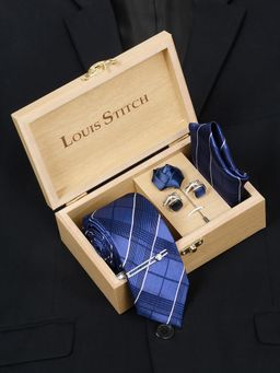 Louis Stitch - Men Checkered Blue Silk Necktie Accessory Gift Set