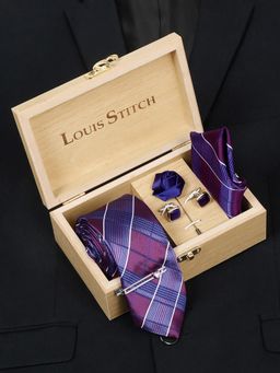 Louis Stitch - Men Checkered Blue Silk Necktie Accessory Gift Set