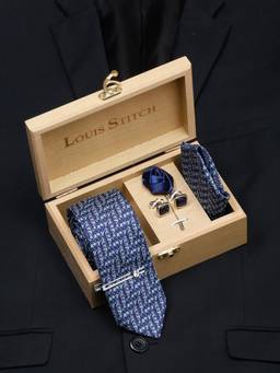 Louis Stitch - Men Psychedelic Blue Silk Necktie Accessory Gift Set