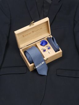 Louis Stitch - Men Dotted Blue Silk Necktie Accessory Gift Set