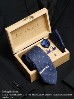 Louis Stitch - Men Navy Blue Silk Necktie Accessory Gift Set