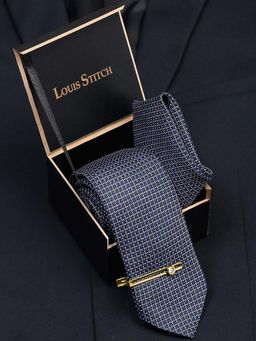 Louis Stitch - Men Checkered Blue Silk Necktie Accessory Gift Set