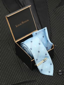 Louis Stitch - Men Light Blue Silk Necktie Accessory Gift Set