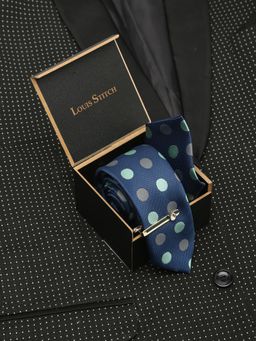 Louis Stitch - Men Dotted Blue Silk Necktie Accessory Gift Set