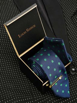 Louis Stitch - Men Dotted Blue Silk Necktie Accessory Gift Set
