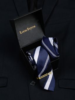 Louis Stitch - Men Lined Blue Silk Necktie Accessory Gift Set