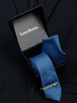Louis Stitch - Men Square Blue Silk Necktie Accessory Gift Set