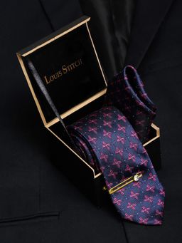 Louis Stitch - Men Indigo Blue Silk Necktie Accessory Gift Set