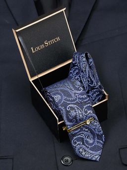 Louis Stitch - Men Denim Blue Silk Necktie Accessory Gift Set