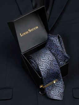 Louis Stitch - Men Spruce Blue Silk Necktie Accessory Gift Set