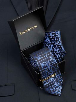 Louis Stitch - Men Prussian Blue Silk Necktie Accessory Gift Set