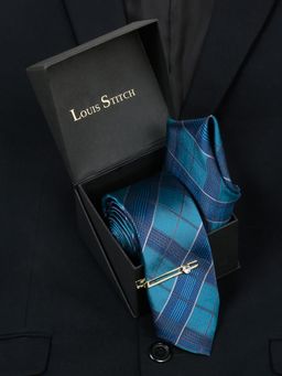 Louis Stitch - Men Checkered Blue Silk Necktie Accessory Gift Set