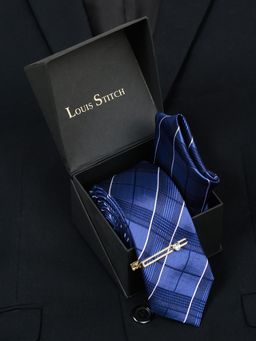 Louis Stitch - Men Checkered Blue Silk Necktie Accessory Gift Set