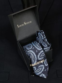 Louis Stitch - Men Olympic Blue Silk Necktie Accessory Gift Set