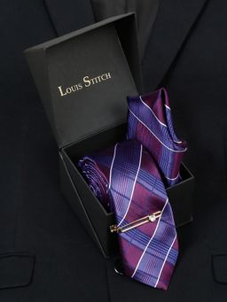 Louis Stitch - Men Checkered Blue Silk Necktie Accessory Gift Set