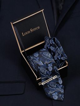 Louis Stitch - Men Floral Blue Silk Necktie Accessory Gift Set