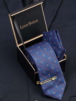 Louis Stitch - Men Navy Blue Silk Necktie Accessory Gift Set