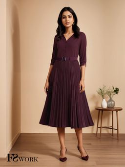 FABLE STREET - Wine Collared A-Line Pleated Dress