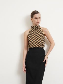 FABLE STREET - Halter Neck Geometric Top - Beige And Black