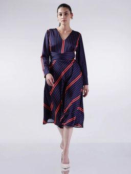 FABLE STREET - Striped Fit & Flare Dress - Navy Blue