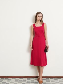 FABLE STREET - Fit And Flare Dress with Belt - Fuchsia Pink (Set of 2)