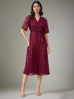 FABLE STREET - Maroon Sequin Wrap Midi Dress with Belt (Set of 2)