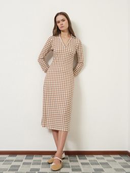 FABLE STREET - Beige Collared Houndstooth Sheath Dress