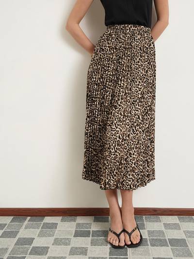 Pleated Flared Animal Print Midi Skirt - Brown