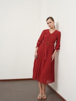 FABLE STREET - V Neck Pleated Fit And Flare Dress - Rust
