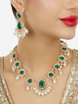 Zaveri Pearls - Green Stones Cluster Beads Diamonds Jewellery Set