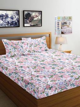 FABINALIV - Pink Floral 300 TC Fitted Packing Bedsheet with 2 Pillow Covers (King)