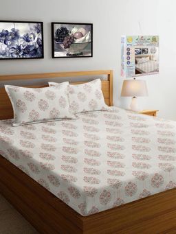 FABINALIV - Off White Floral 300 TC Fitted Packing Bedsheet with 2 Pillow Covers (King)