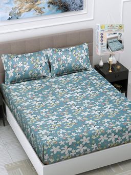 FABINALIV - Blue Floral 300 TC Fitted Packing Bedsheet with 2 Pillow Covers (King)