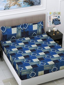 FABINALIV - Blue Geometric 300 TC Fitted Packing Bedsheet with 2 Pillow Covers (King)