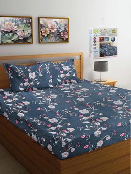 FABINALIV - Teal Floral 300 TC Fitted Packing Bedsheet with 2 Pillow Covers (King)