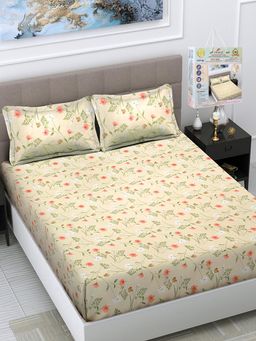 FABINALIV - Cream Floral 300 TC Fitted Packing Bedsheet with 2 Pillow Covers (King)