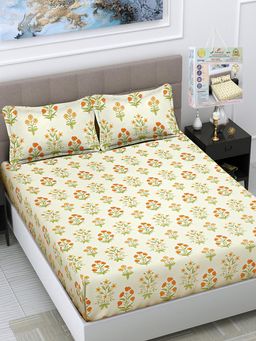 FABINALIV - Yellow Floral 300 TC Fitted Packing Bedsheet with 2 Pillow Covers (King)